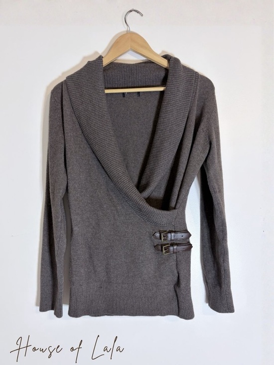 le chateau Sweaters - Angora Blend Taupe Wrap Sweater Buckle Detail. Elevated Cozy Chic